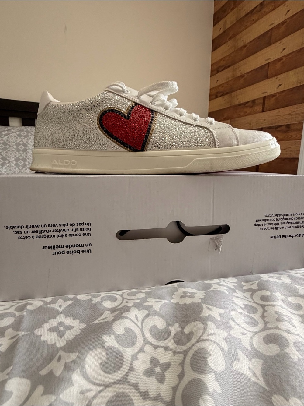 ALDO White Rhinestone Carapetos with Red Heart Patch